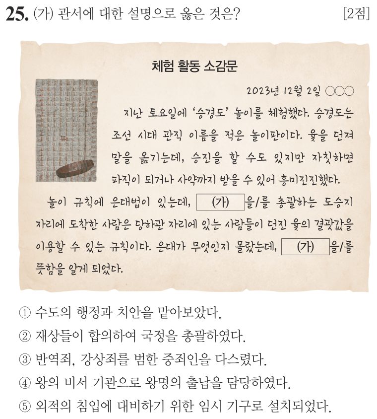 25번 문항: (가) 관서에 대한 설명으로 옳은 것은?