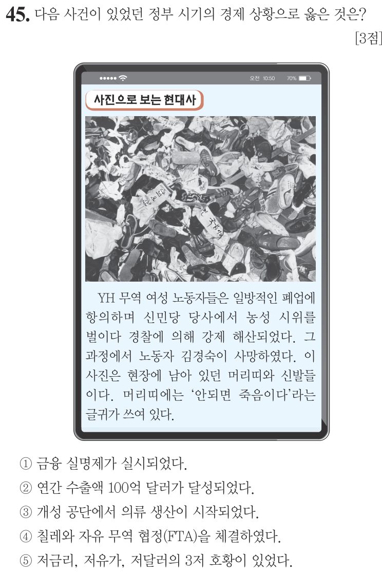 45번 문항: 다음 사건이 있었던 정부 시기의 경제 상황으로 옳은 것은?