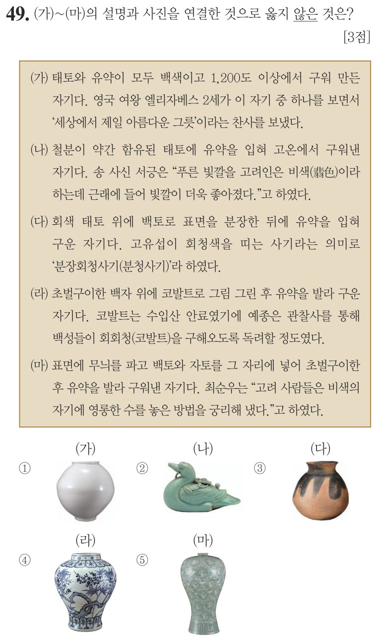 49번 문항: (가)~(마)의 설명과 사진을 연결한 것으로 옳지 않은 것은?