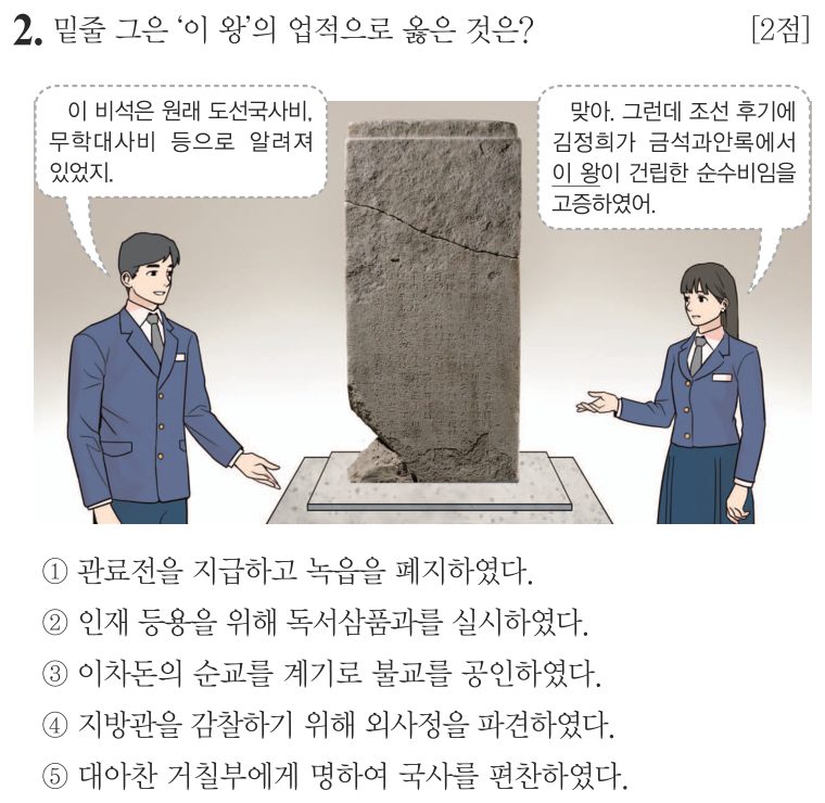 2번 문항: 밑줄 그은 ‘이 왕’의 업적으로 옳은 것은?