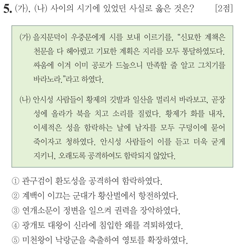5번 문항: (가), (나) 사이의 시기에 있었던 사실로 옳은 것은?