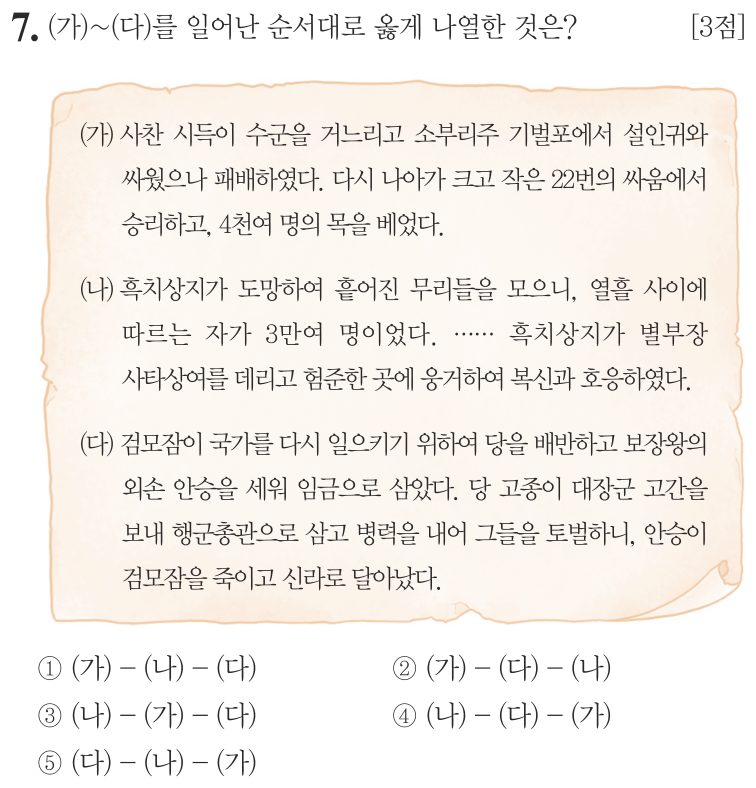 7번 문항: (가)~(다)를 일어난 순서대로 옳게 나열한 것은?