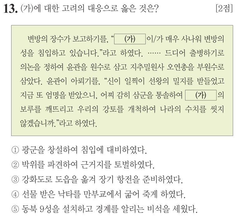 13번 문항: (가)에 대한 고려의 대응으로 옳은 것은?