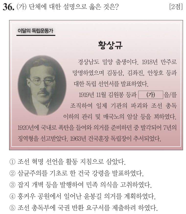 36번 문항: (가) 단체에 대한 설명으로 옳은 것은?