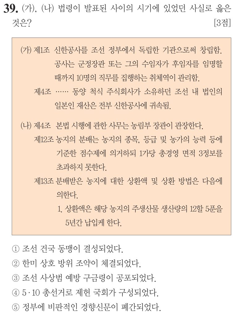 39번 문항: (가), (나) 법령이 발표된 사이의 시기에 있었던 사실로 옳은 것은?