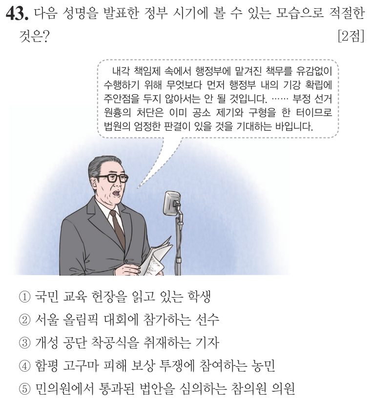 43번 문항: 다음 성명을 발표한 정부 시기에 볼 수 있는 모습으로 적절한 것은?