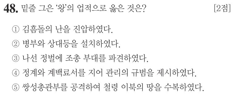 48번 문항: 밑줄 그은 '왕'의 업적으로 옳은 것은?