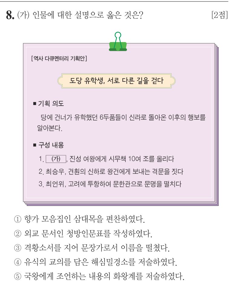 8번 문항: (가) 인물에 대한 설명으로 옳은 것은?