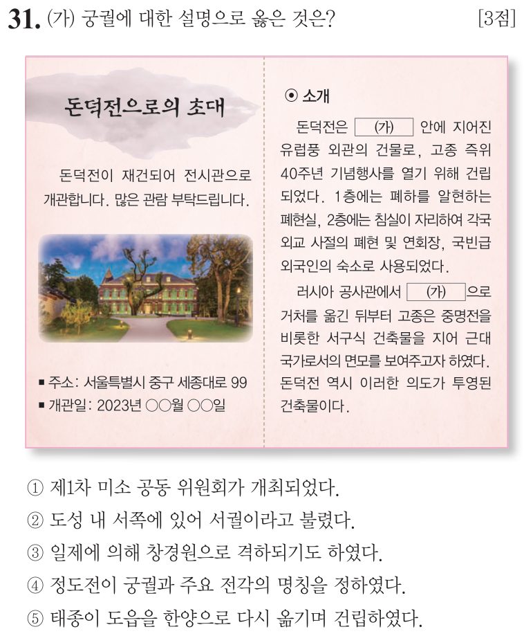 31번 문항: (가) 궁궐에 대한 설명으로 옳은 것은?