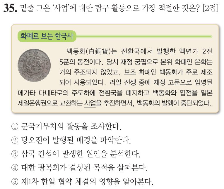 35번 문항: 밑줄 그은 ‘사업’에 대한 탐구 활동으로 가장 적절한 것은?