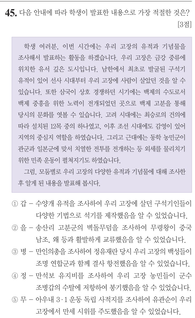 45번 문항: 다음 안내에 따라 학생이 발표한 내용으로 가장 적절한 것은?