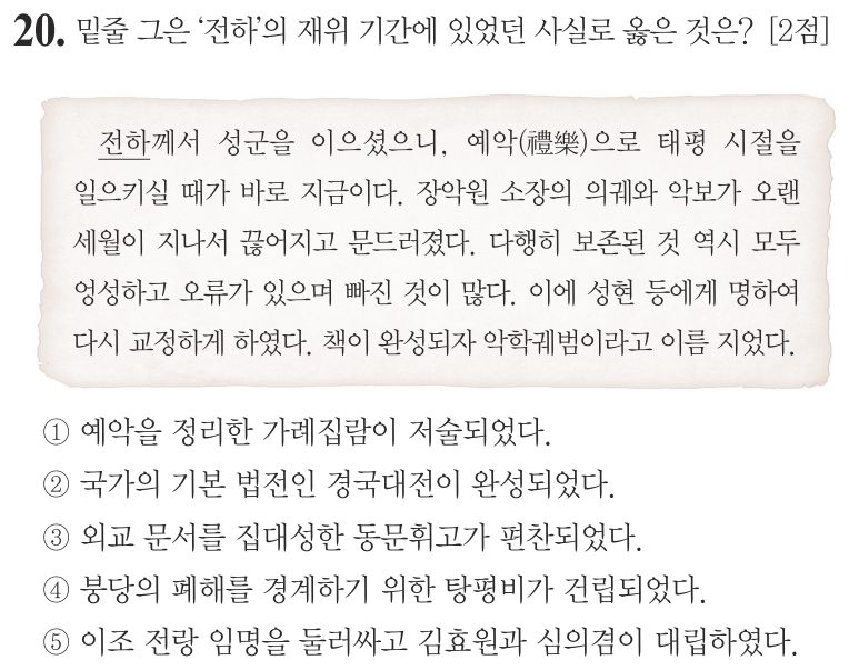 20번 문항: 밑줄 그은 ‘전하’의 재위 기간에 있었던 사실로 옳은 것은?