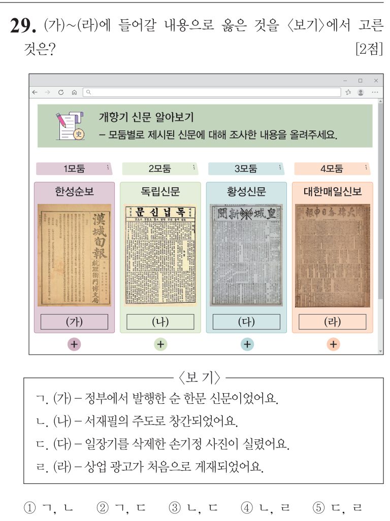 29번 문항: (가)~(라)에 들어갈 내용으로 옳은 것을 <보기>에서 고른 것은?
