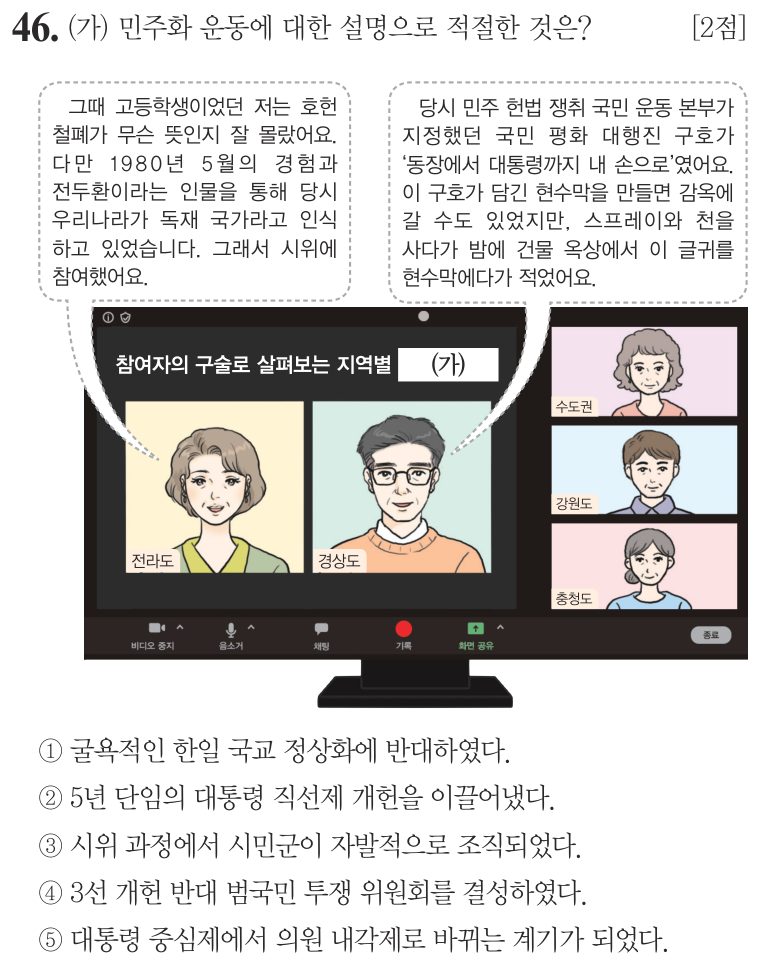 46번 문항: (가) 민주화 운동에 대한 설명으로 적절한 것은?