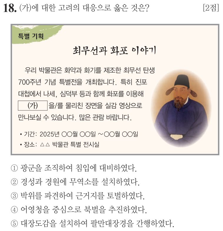 18번 문항: (가)에 대한 고려의 대응으로 옳은 것은?