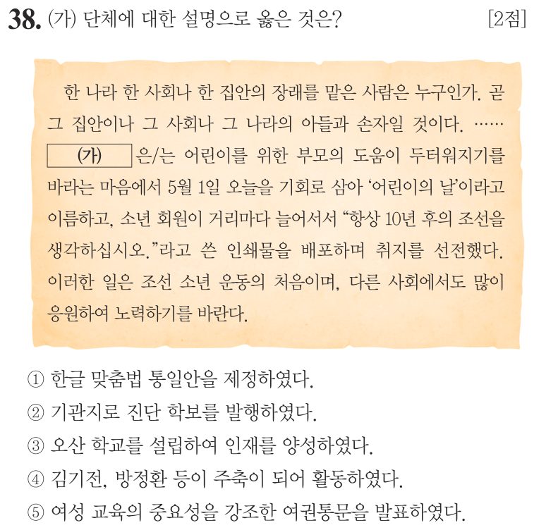 38번 문항: (가) 단체에 대한 설명으로 옳은 것은?