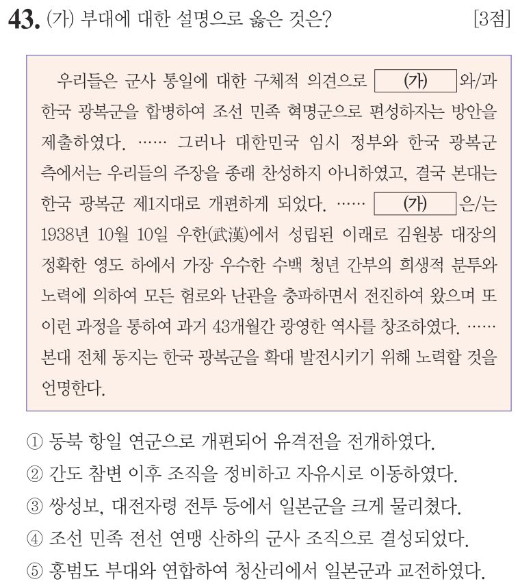 43번 문항: (가) 부대에 대한 설명으로 옳은 것은?