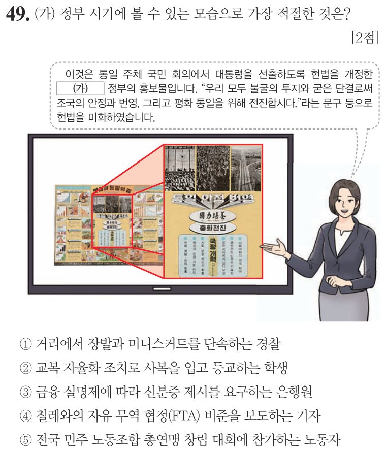 49번 문항: (가) 정부 시기에 볼 수 있는 모습으로 가장 적절한 것은?