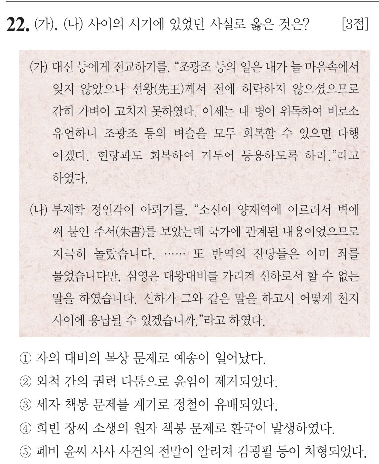 22번 문항: (가), (나) 사이의 시기에 있었던 사실로 옳은 것은?