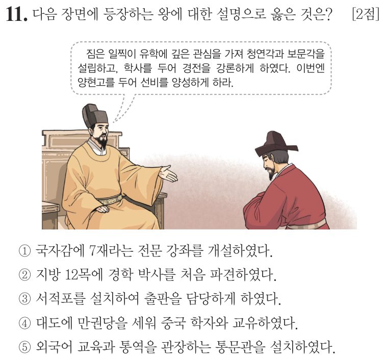 11번 문항: 다음 장면에 등장하는 왕에 대한 설명으로 옳은 것은?