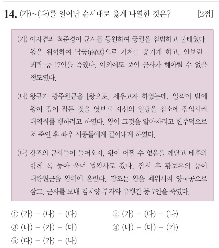 14번 문항: (가)~(다)를 일어난 순서대로 옳게 나열한 것은?
