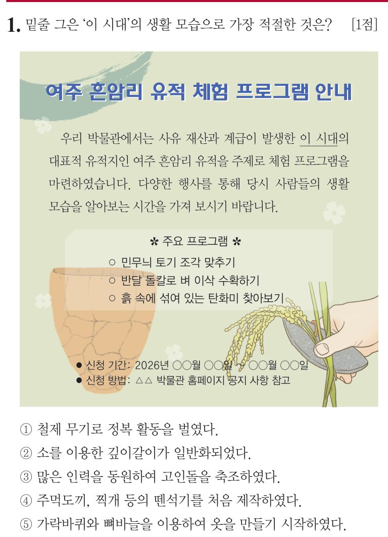 1번 문항: 밑줄 그은 '이 시대'의 생활 모습으로 가장 적절한 것은?