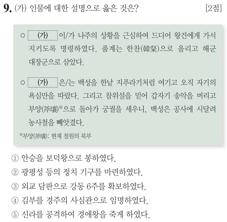 9번 문항: (가) 인물에 대한 설명으로 옳은 것은?