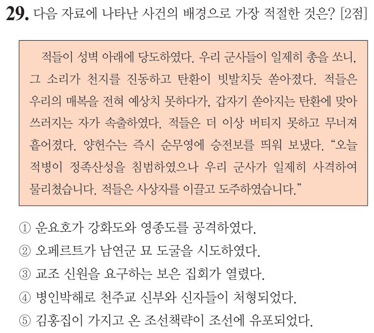29번 문항: 다음 자료에 나타난 사건의 배경으로 가장 적절한 것은?