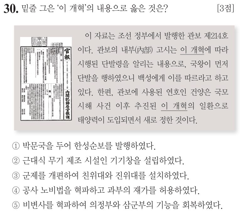 30번 문항: 밑줄 그은 ‘이 개혁’의 내용으로 옳은 것은?