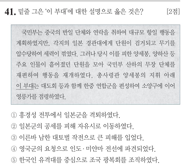 41번 문항: 밑줄 그은 ‘이 부대’에 대한 설명으로 옳은 것은?