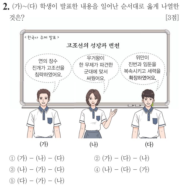 2번 문항: (가)~(다) 학생이 발표한 내용을 일어난 순서대로 옳게 나열한 것은?