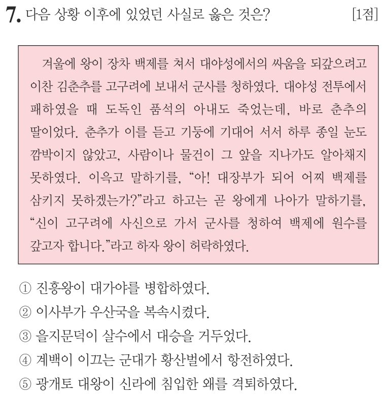 7번 문항: 다음 상황 이후에 있었던 사실로 옳은 것은?