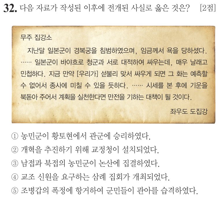 32번 문항: 다음 자료가 작성된 이후에 전개된 사실로 옳은 것은?