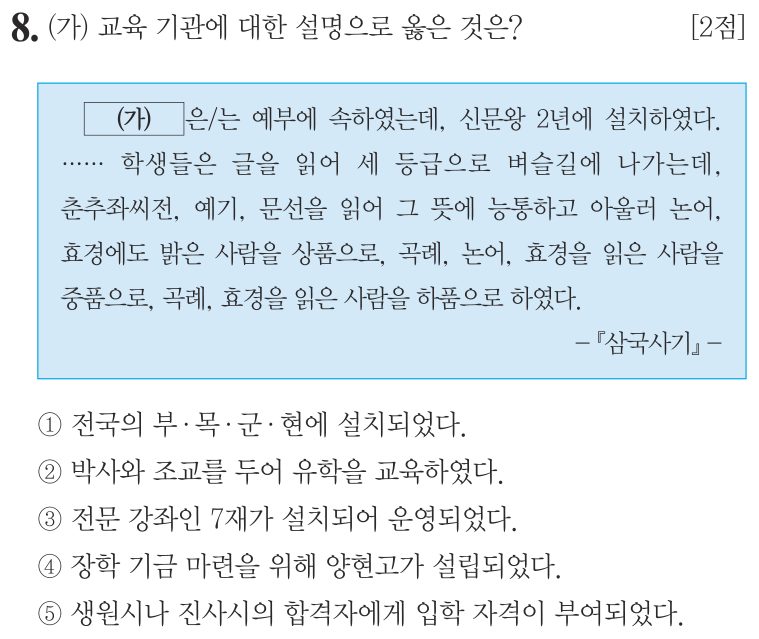 8번 문항: (가) 교육 기관에 대한 설명으로 옳은 것은?