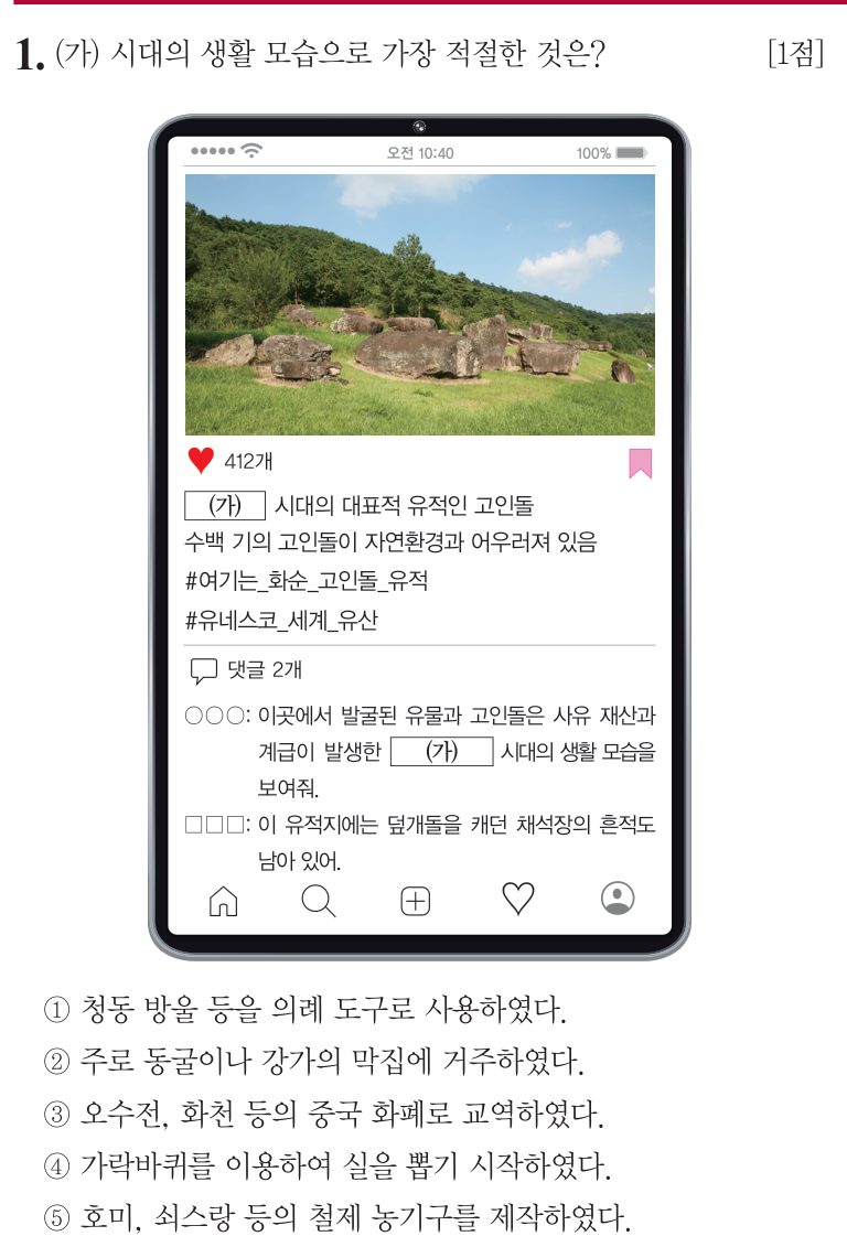1번 문항: (가) 시대의 생활 모습으로 가장 적절한 것은?