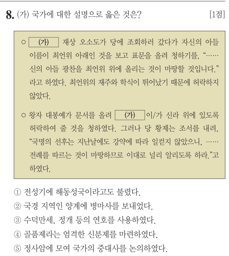 8번 문항: (가) 국가에 대한 설명으로 옳은 것은?