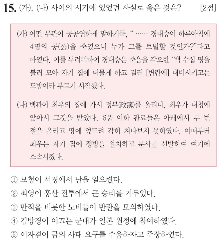 15번 문항: (가), (나) 사이의 시기에 있었던 사실로 옳은 것은?