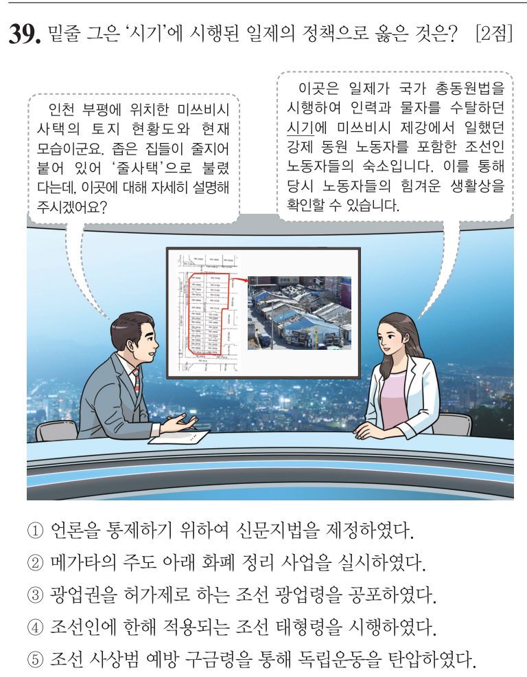 39번 문항: 밑줄 그은 ‘시기’에 시행된 일제의 정책으로 옳은 것은?