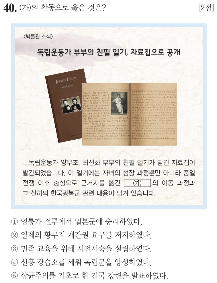 40번 문항: (가)의 활동으로 옳은 것은?