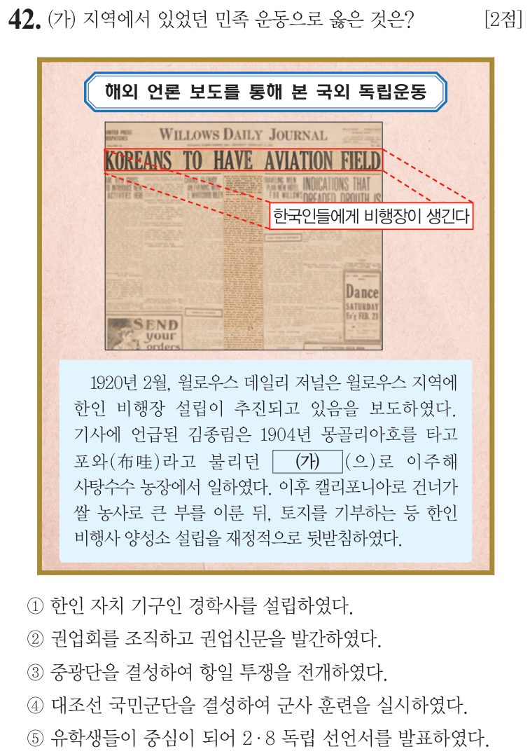 42번 문항: (가) 지역에서 있었던 민족 운동으로 옳은 것은?