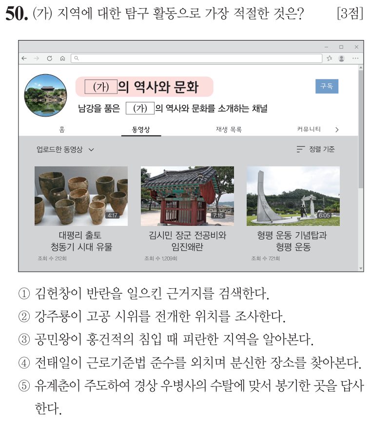 50번 문항: (가) 지역에 대한 탐구 활동으로 가장 적절한 것은?